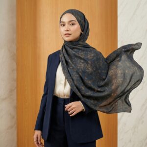 Pashmina Motif Print Series Ceruty Babydoll | Chiffon - Navy Royale