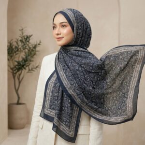 Pashmina Motif Print Series Ceruty Babydoll | Chiffon - Navy Paisley