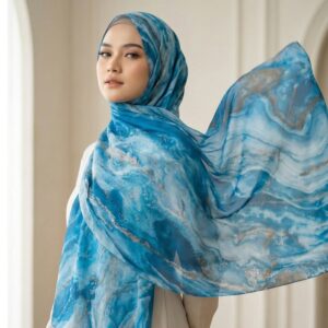 Pashmina Motif Print Series Ceruty Babydoll | Chiffon - Azure Marble