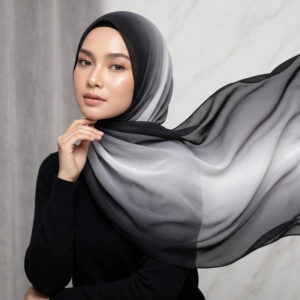 Pashmina Gradasi Two Tone Ceruty Babydoll &ndash; Ombre 2 Warna, Jahit Tepi, 170 x 75 cm - Black White