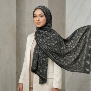 Pashmina Motif Print Series Ceruty Babydoll | Chiffon - Charcoal Paisley